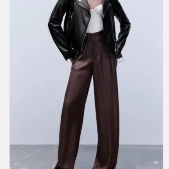 Satin wide leg brown high rise pleated darted elegant pants - Picture 1 of 5